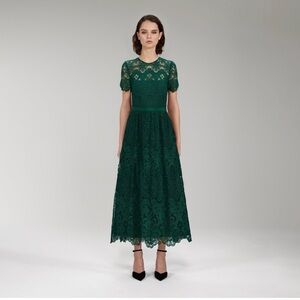Self-Portrait Dark Green Floral Guipure Midi Dress